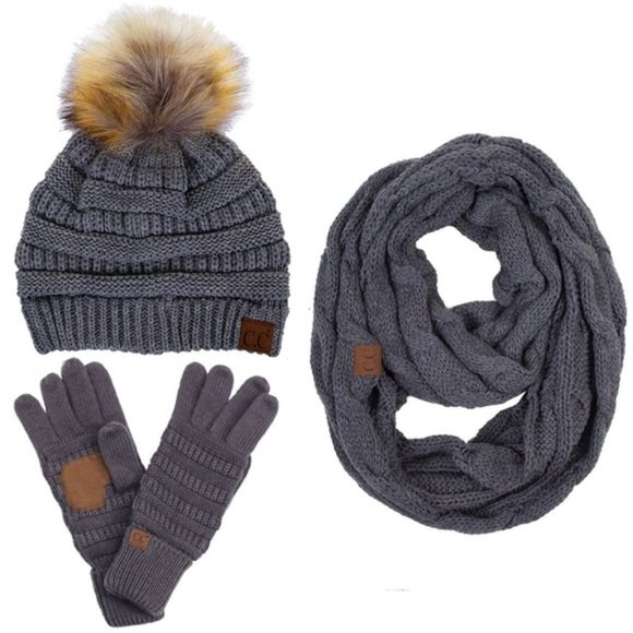 C.C 3pc Knit Warm Pom Beanie Gloves Scarves Set main image 7